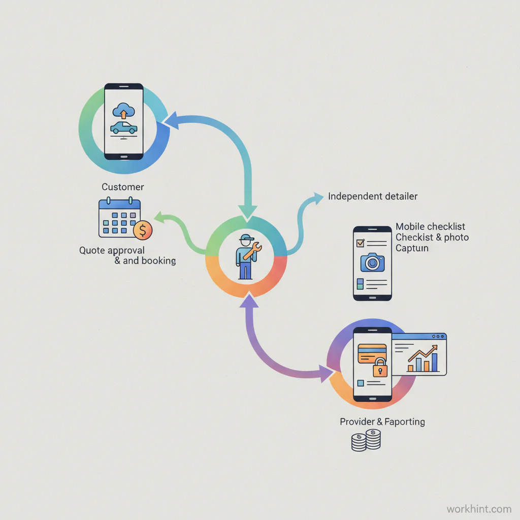 Mobile detailing business operating workflow through a branded Workhint platform
