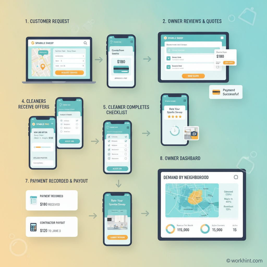 Workhint house cleaning platform workflow from customer request to cleaner payout