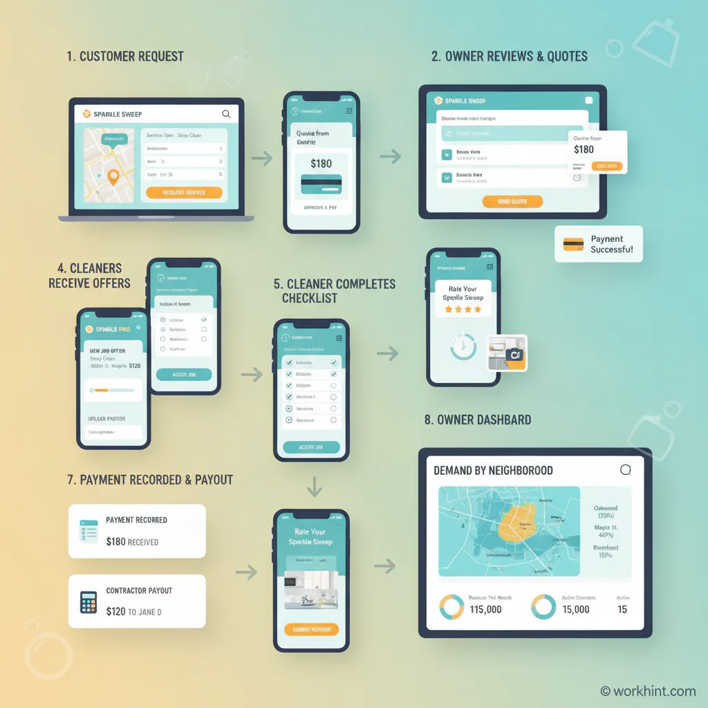 Workhint house cleaning platform workflow from customer request to cleaner payout