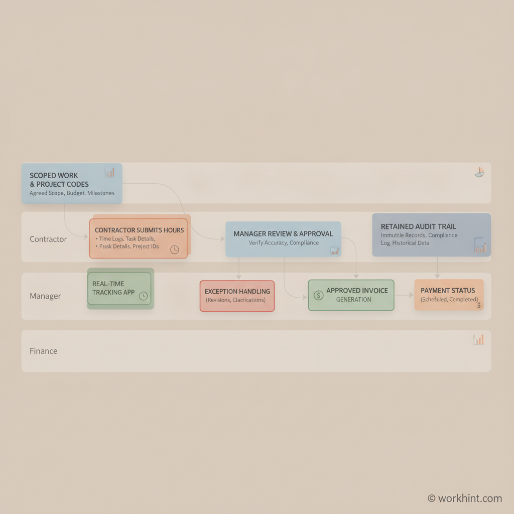 Contractor hour tracking workflow from work setup to approved invoice