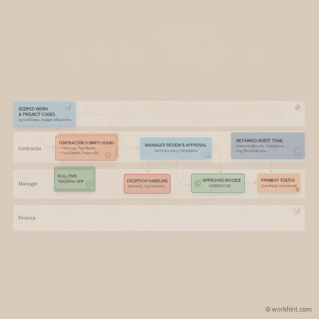 Contractor hour tracking workflow from work setup to approved invoice