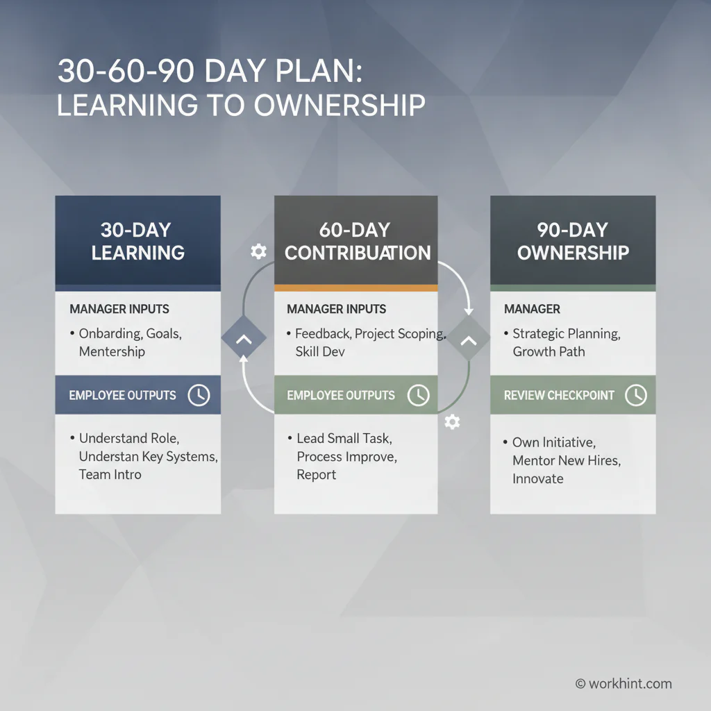 30-60-90 day plan workflow showing learning, contribution, and ownership phases