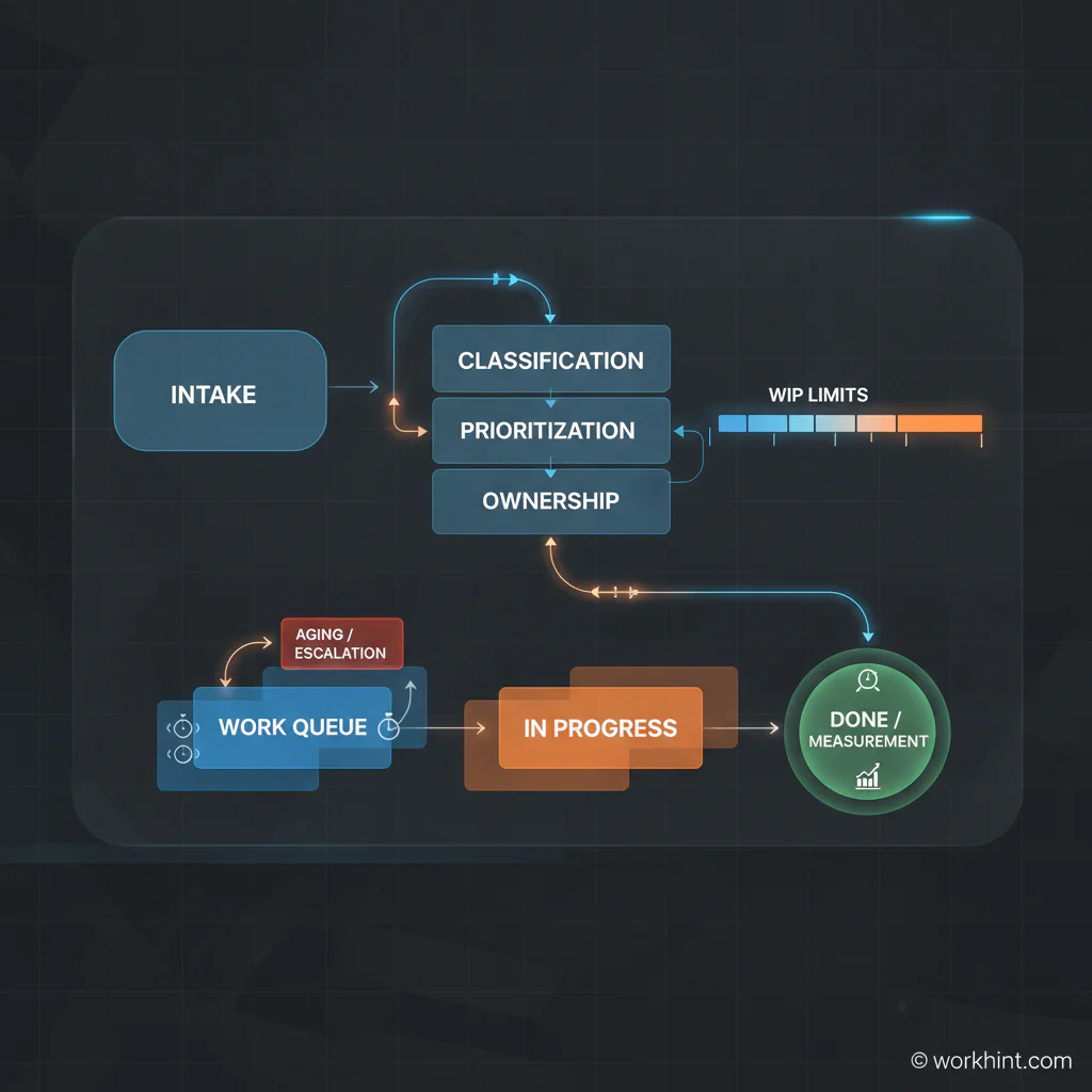 Work queue management operating model showing intake, classification, priority, ownership, WIP limits, aging, and measurement