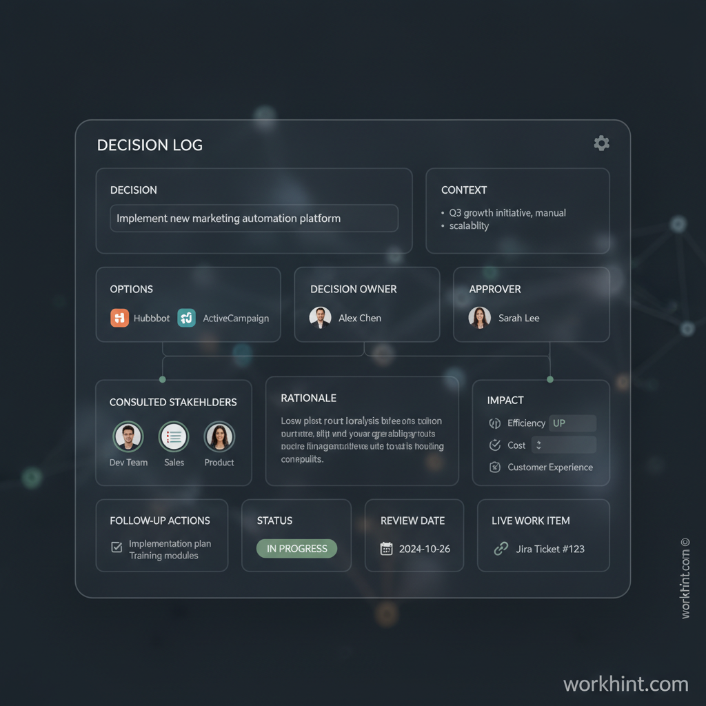 Decision log workflow showing decision capture, ownership, follow-up, and review