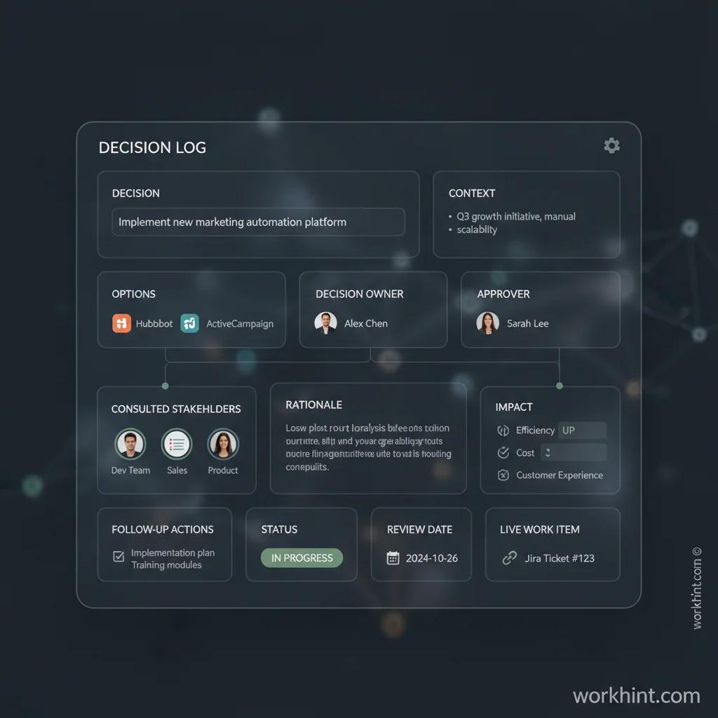 Decision log workflow showing decision capture, ownership, follow-up, and review