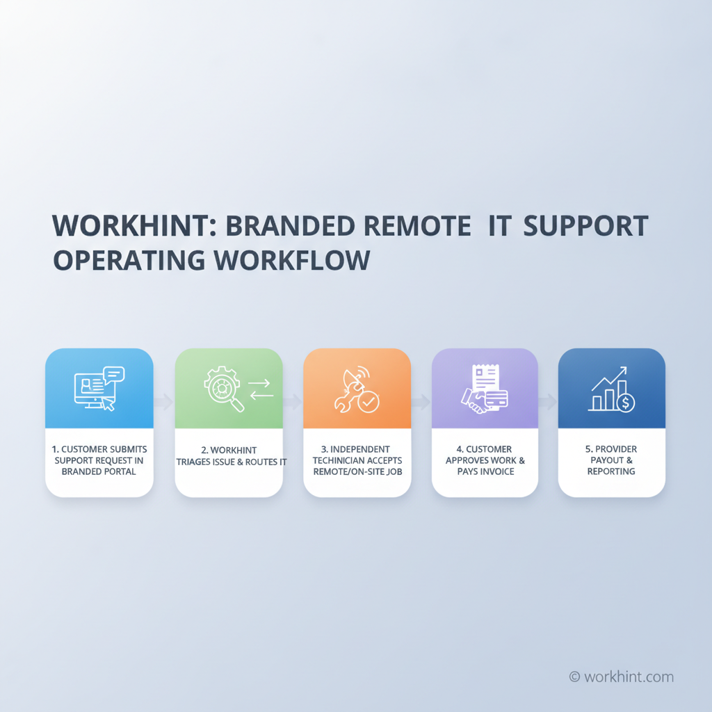 Five-step remote IT support operating workflow for a provider-network business