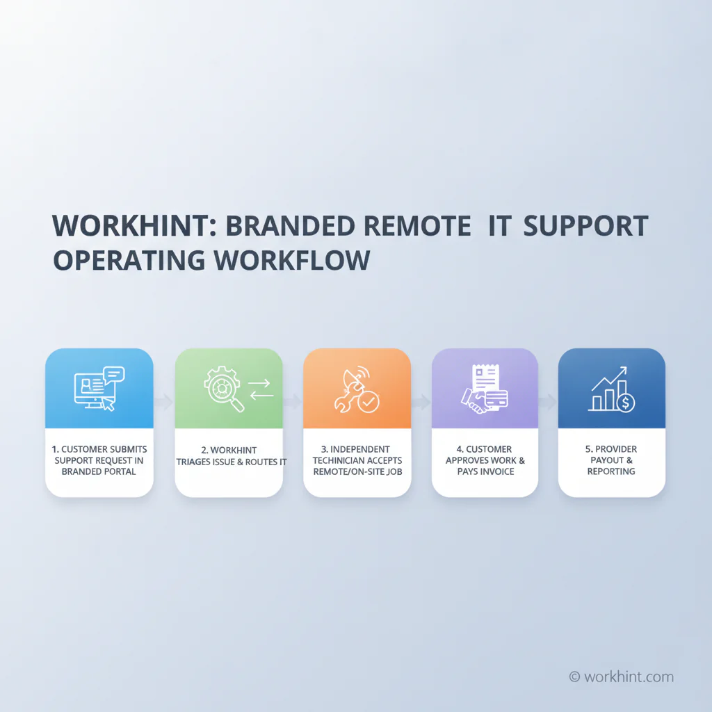 Five-step remote IT support operating workflow for a provider-network business