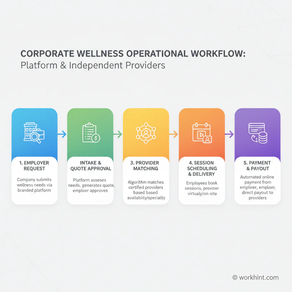 Corporate wellness business workflow from employer request to provider payout
