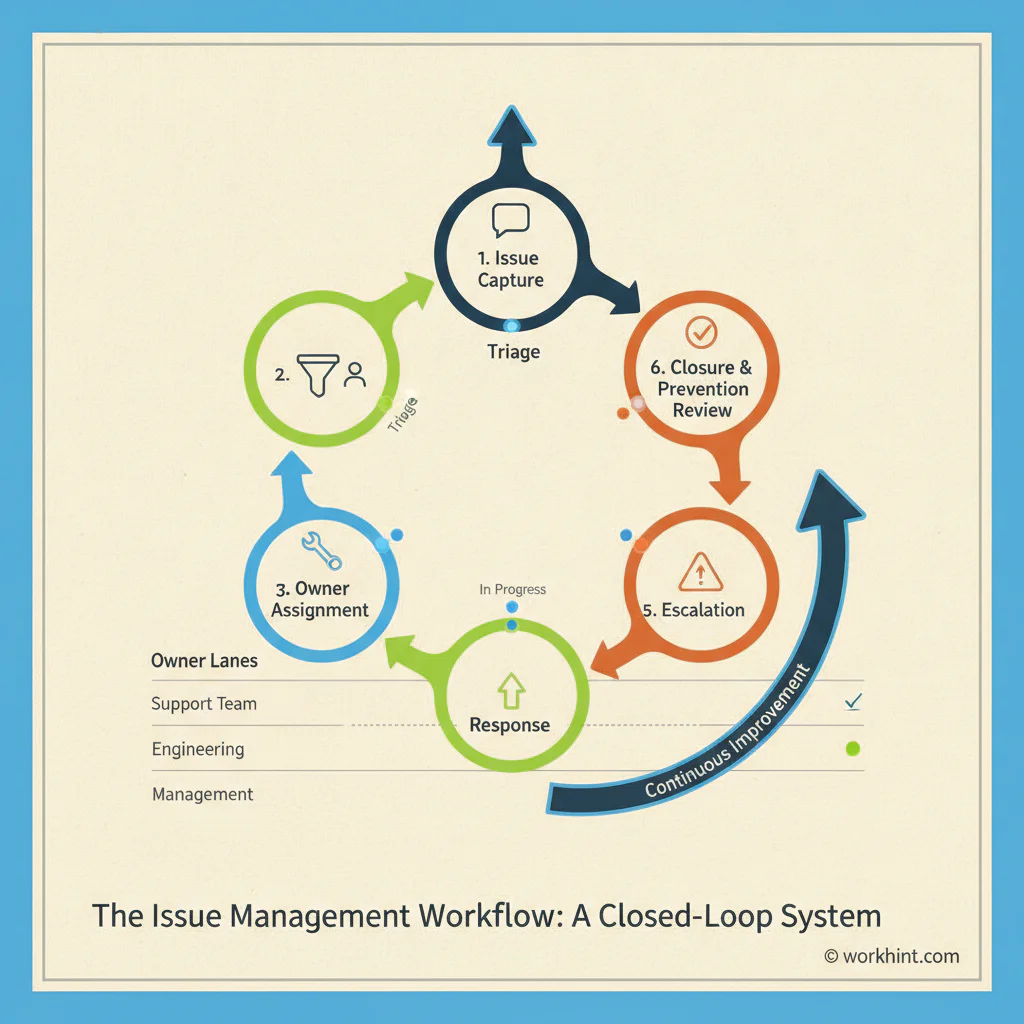 Issue management workflow map showing capture, triage, ownership, escalation, closure, and prevention