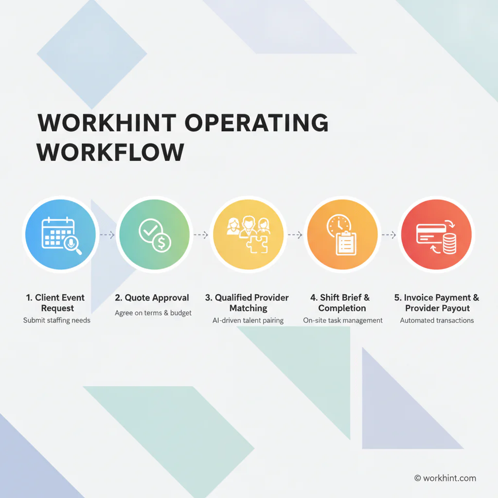 Event staffing platform workflow from request to payout