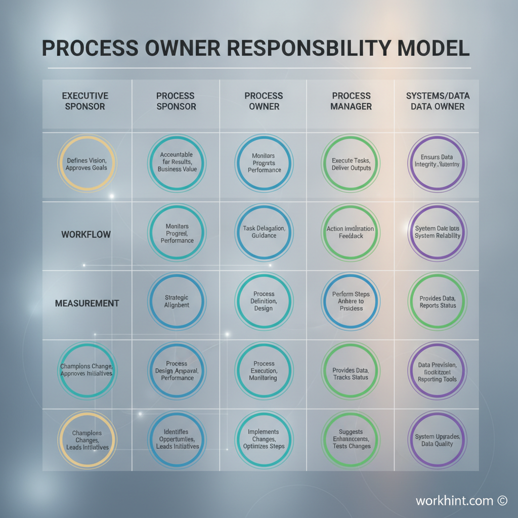 Process owner responsibility model showing roles, authority, workflow, measurement, and improvement