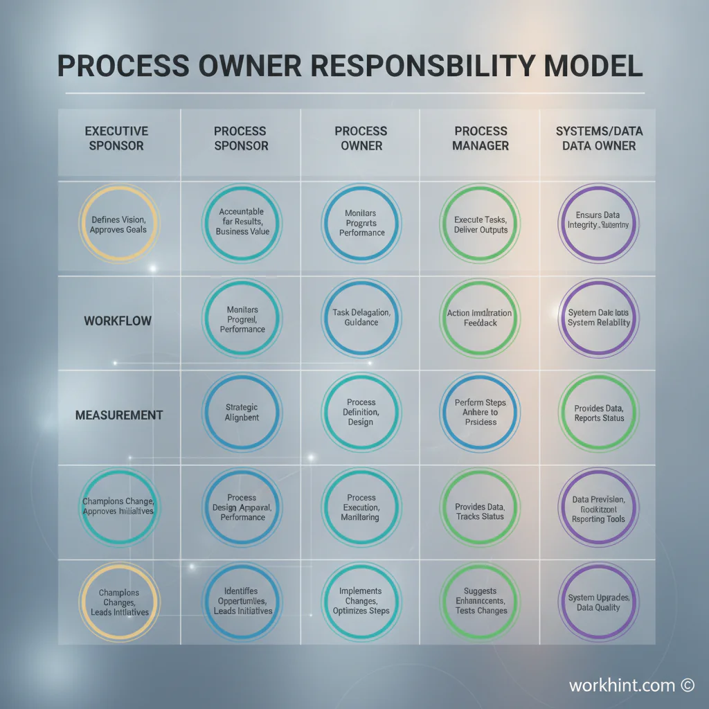 Process owner responsibility model showing roles, authority, workflow, measurement, and improvement