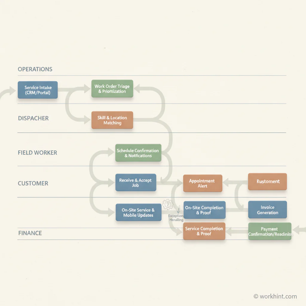 Field service scheduling workflow from intake to approved completion