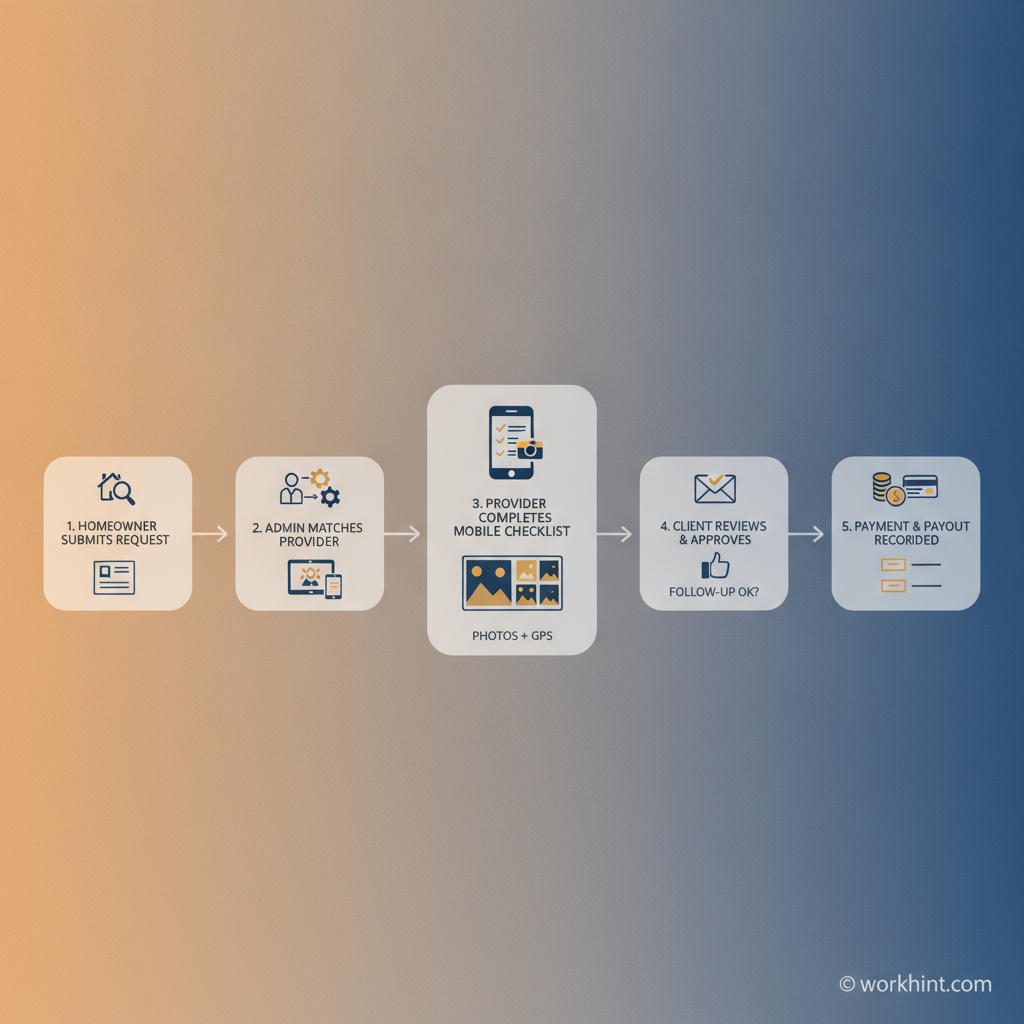 Home watch business operating workflow from customer request to provider payout