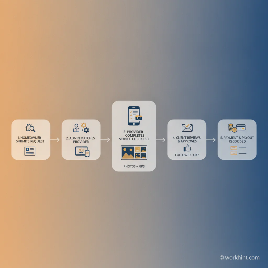 Home watch business operating workflow from customer request to provider payout