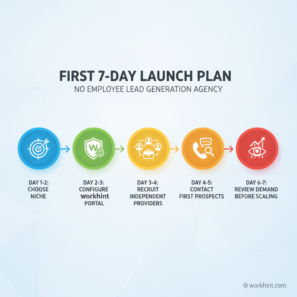Seven-day launch timeline for a no-employee lead generation agency