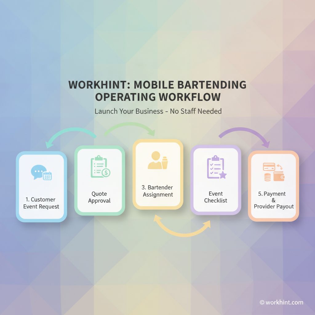 Mobile bartending operating workflow from customer request to provider payout