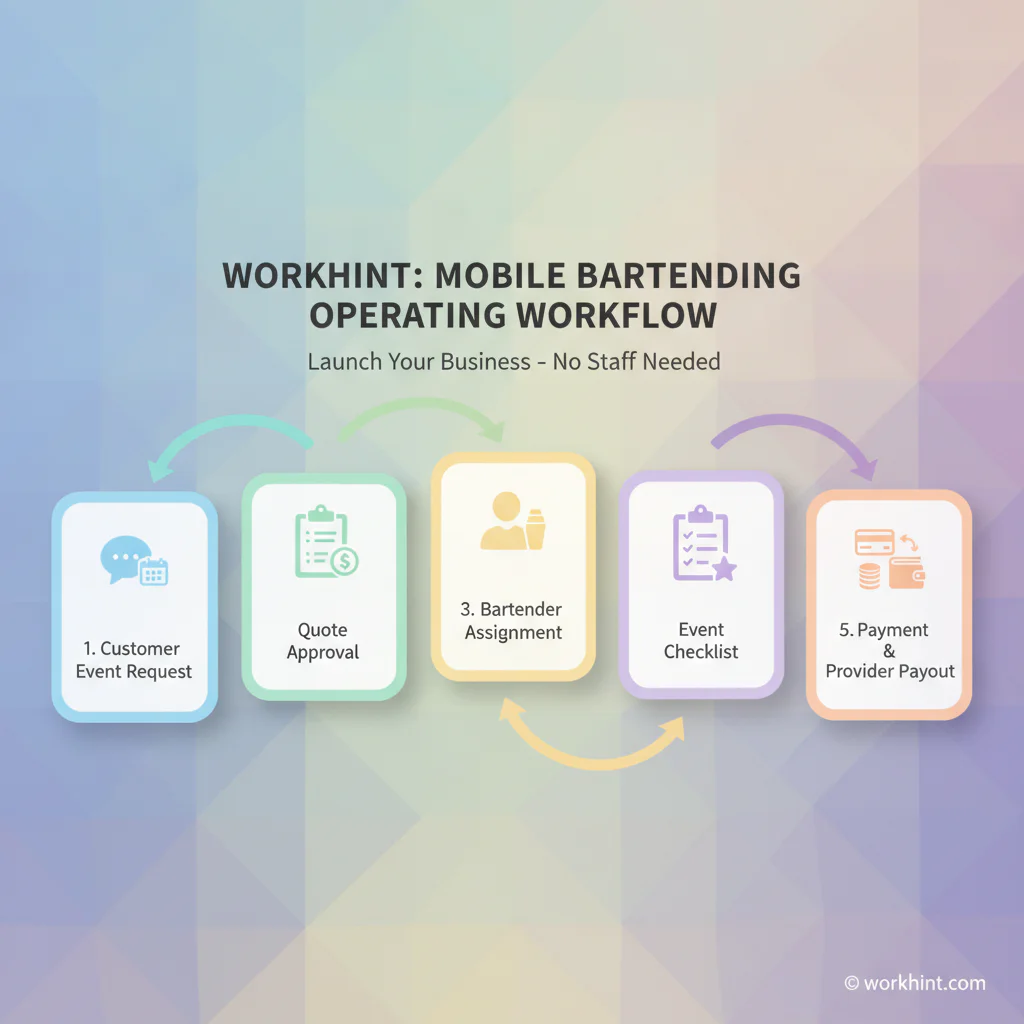 Mobile bartending operating workflow from customer request to provider payout