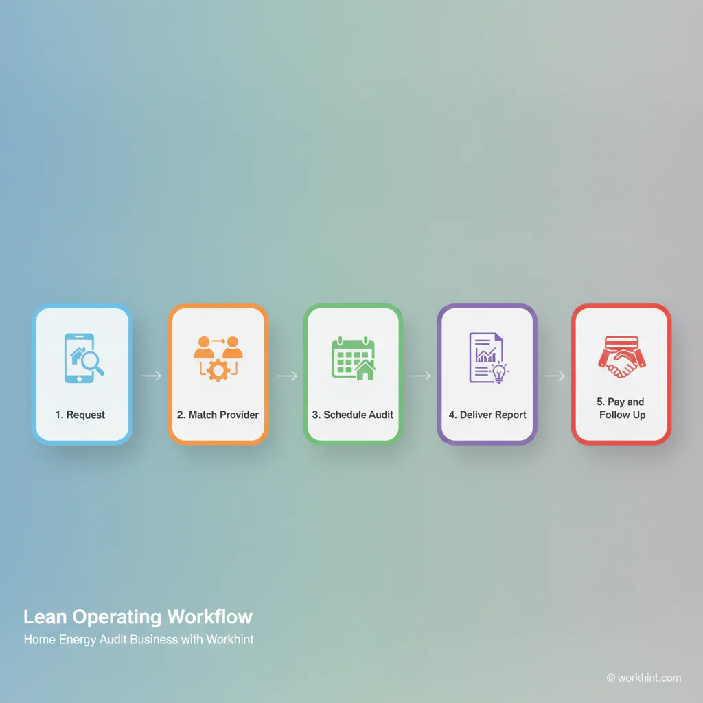 Five-step Workhint operating workflow for an energy audit business