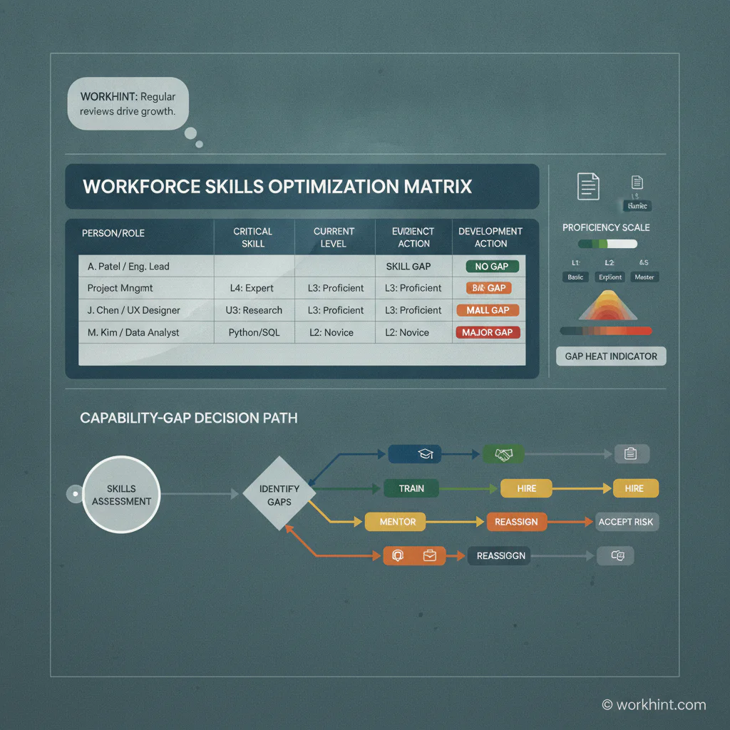 Skills matrix worksheet showing capability gaps and workforce planning actions
