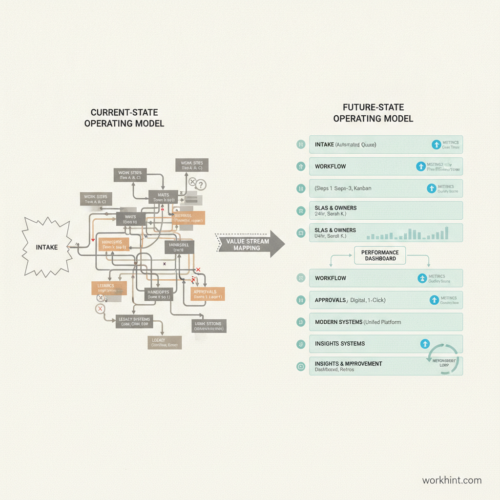 Value stream mapping operating model for improving workflows