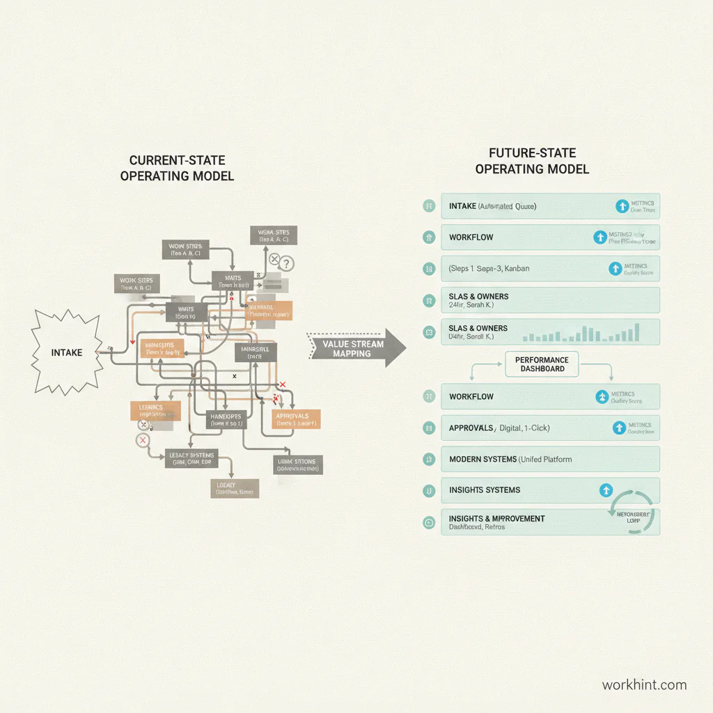 Value stream mapping operating model for improving workflows
