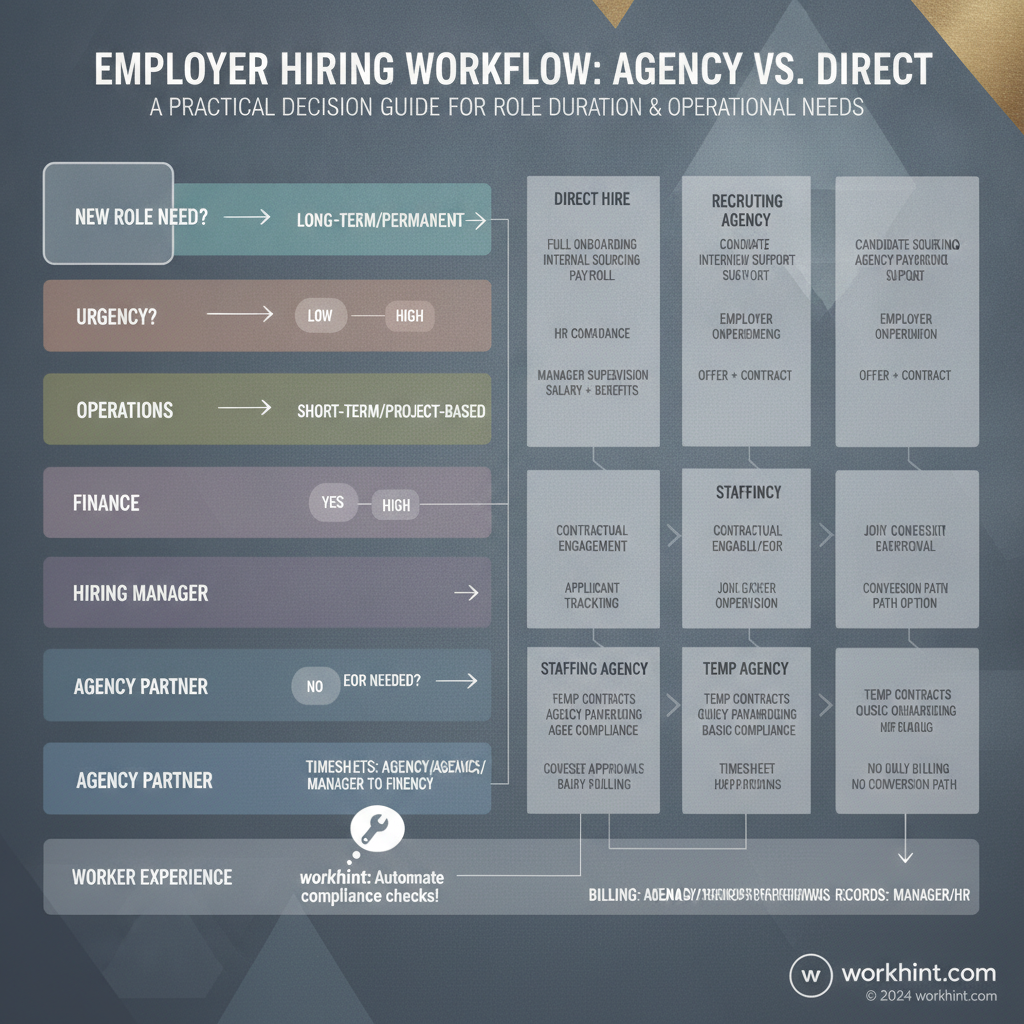Employer decision workflow for choosing recruiting agency, staffing agency, temp agency, or direct hire
