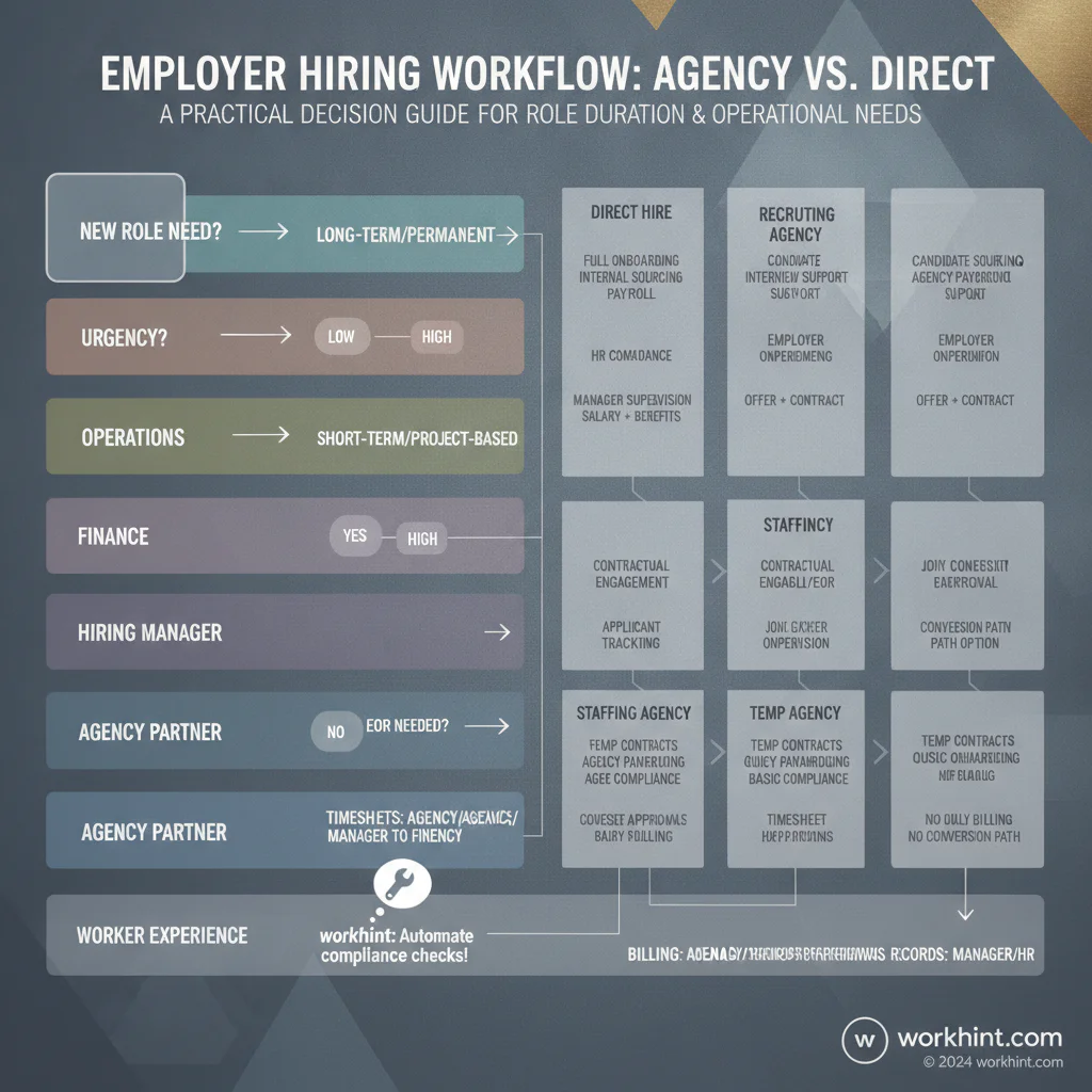 Employer decision workflow for choosing recruiting agency, staffing agency, temp agency, or direct hire