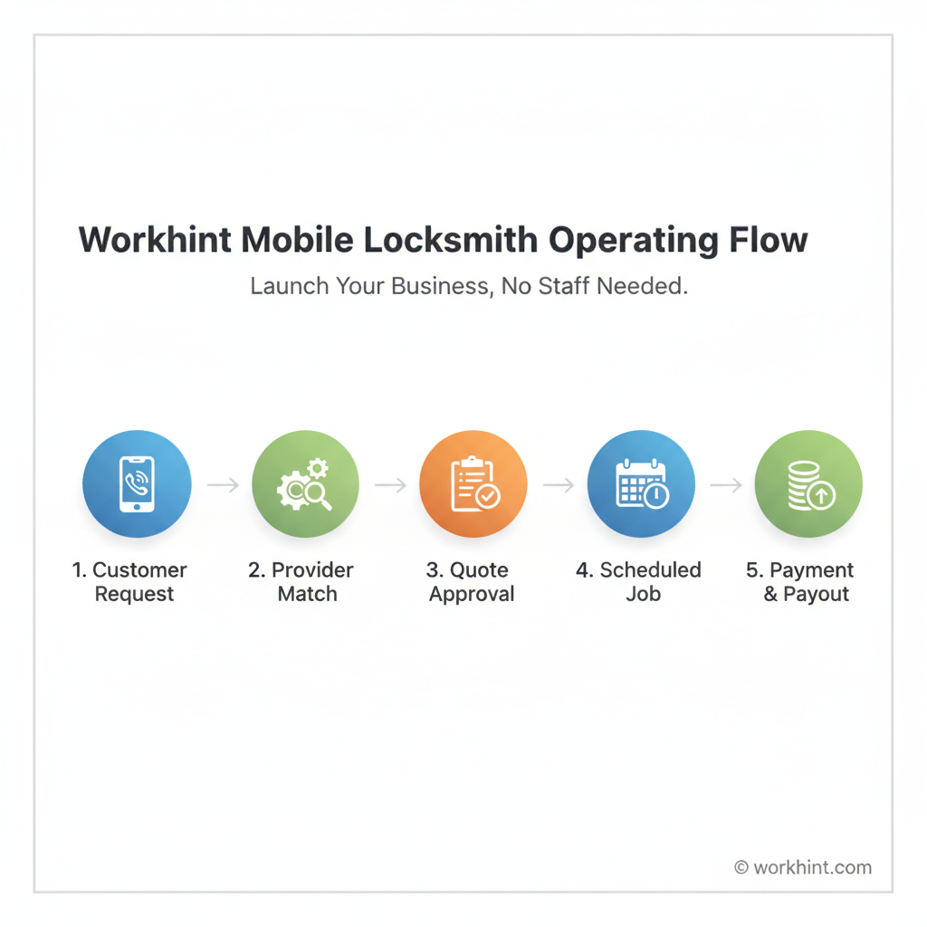 Mobile locksmith operating flow from customer request to provider payout