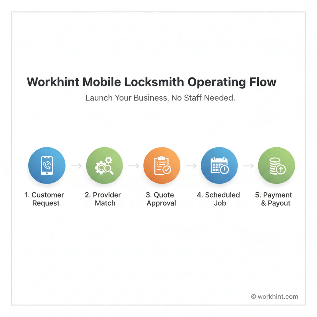 Mobile locksmith operating flow from customer request to provider payout