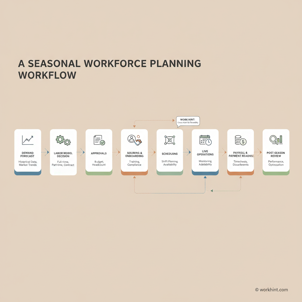 Seasonal workforce planning workflow from demand forecast to post-season review