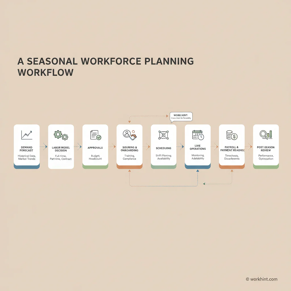 Seasonal workforce planning workflow from demand forecast to post-season review