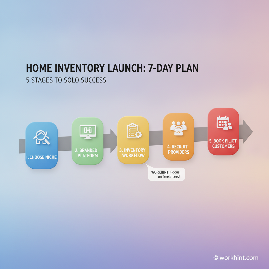 Five-stage launch timeline for a home inventory business