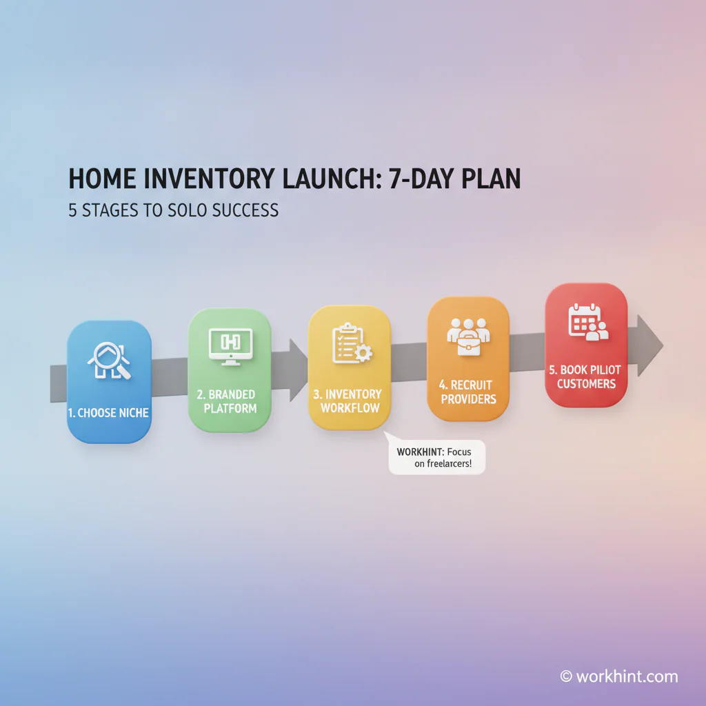 Five-stage launch timeline for a home inventory business
