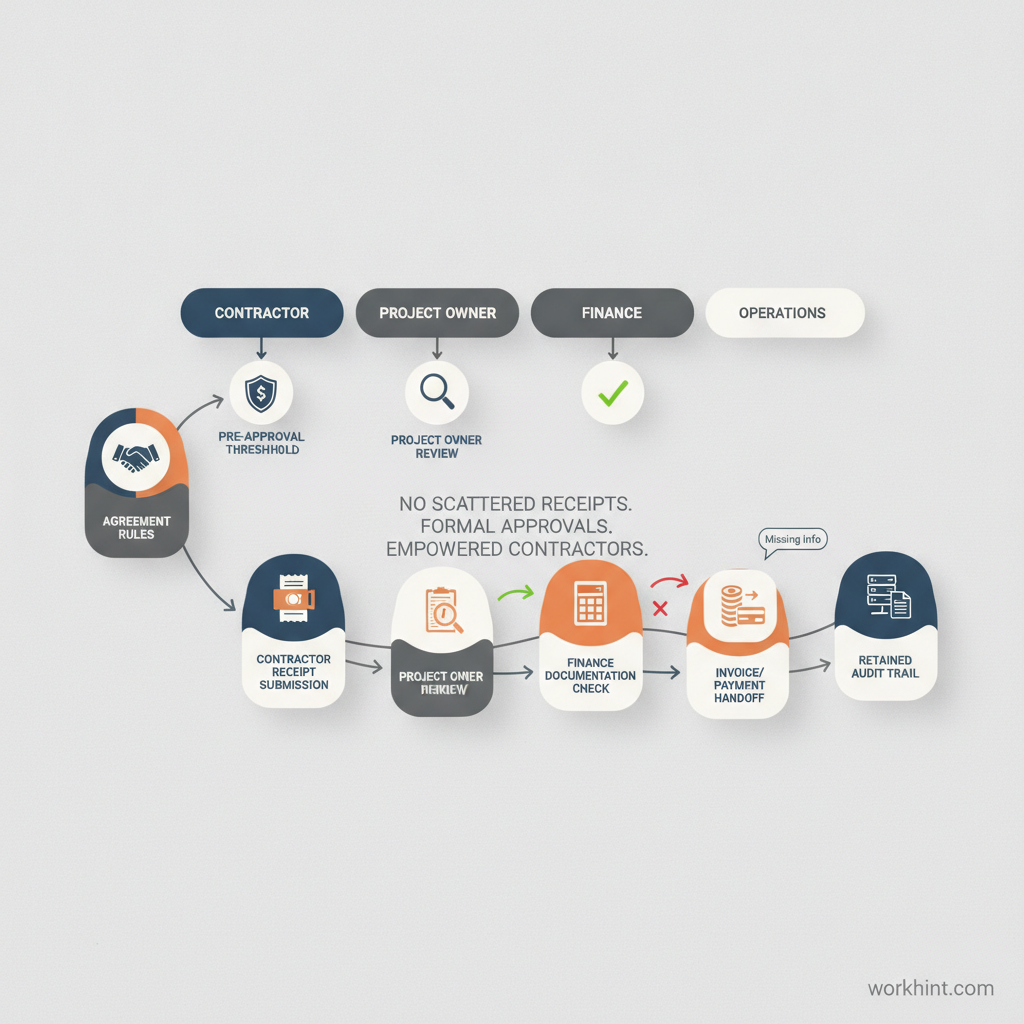 Contractor expense reimbursement workflow from agreement rules to payment status