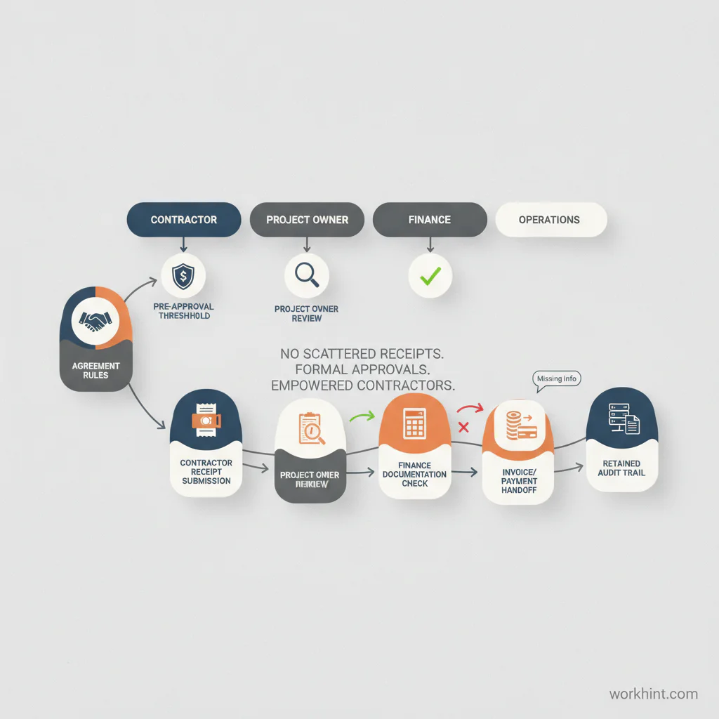 Contractor expense reimbursement workflow from agreement rules to payment status