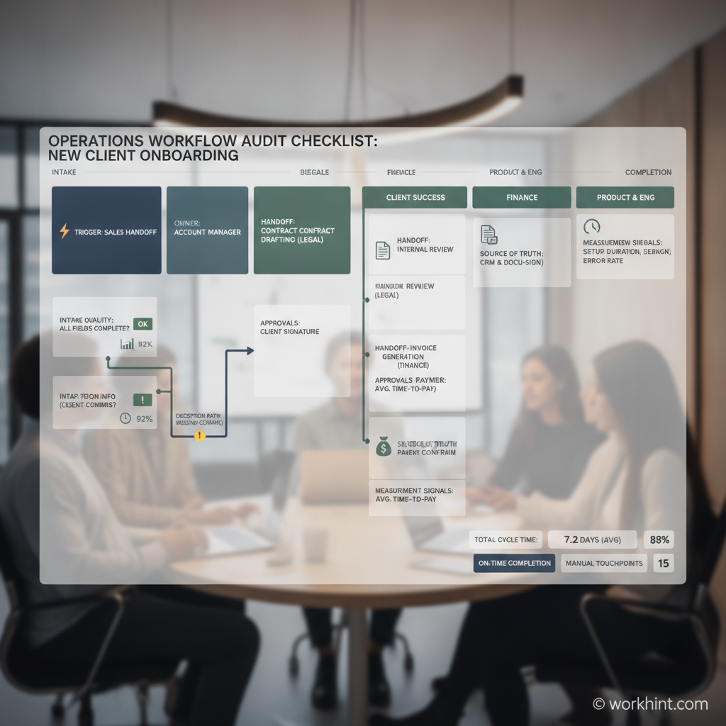 Workflow audit checklist showing intake ownership handoffs approvals exceptions and measurement