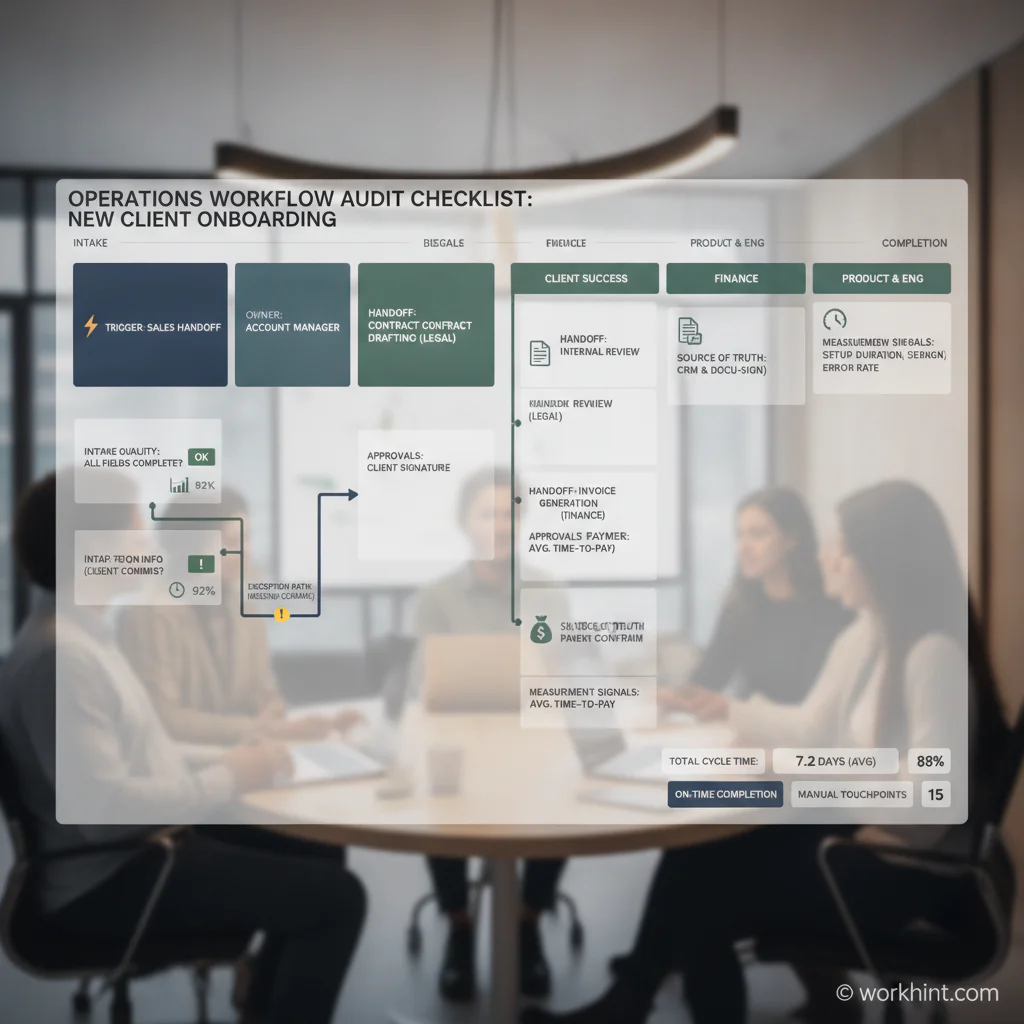 Workflow audit checklist showing intake ownership handoffs approvals exceptions and measurement