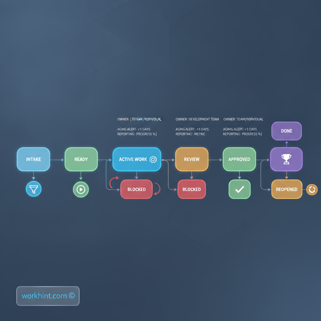 Business workflow status model with owners and transition rules