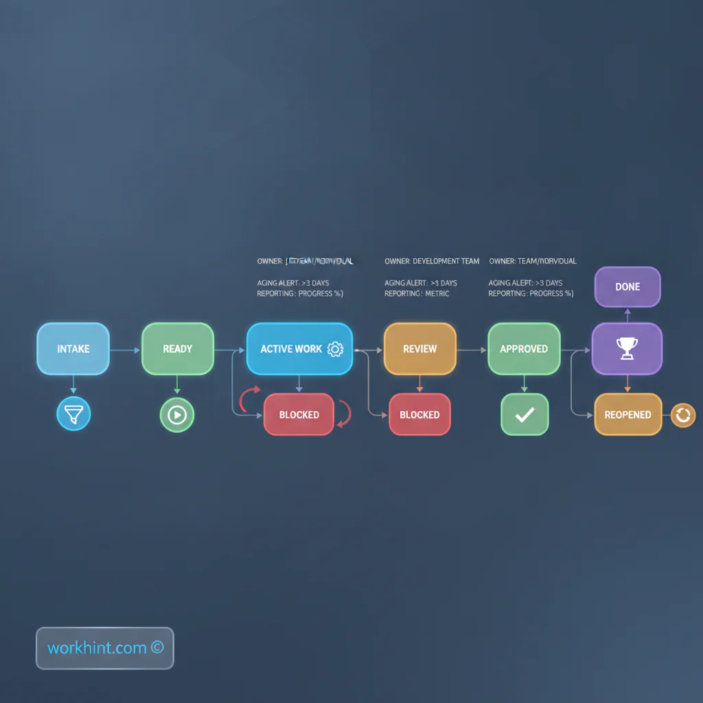 Business workflow status model with owners and transition rules