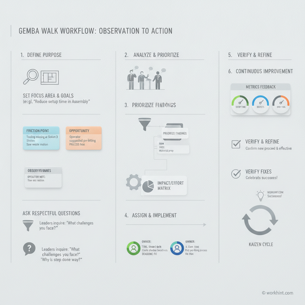 Gemba walk workflow from observation to action