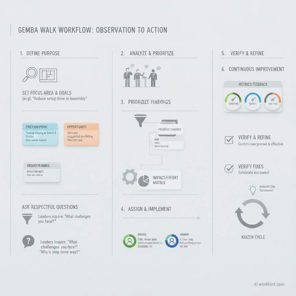Gemba walk workflow from observation to action