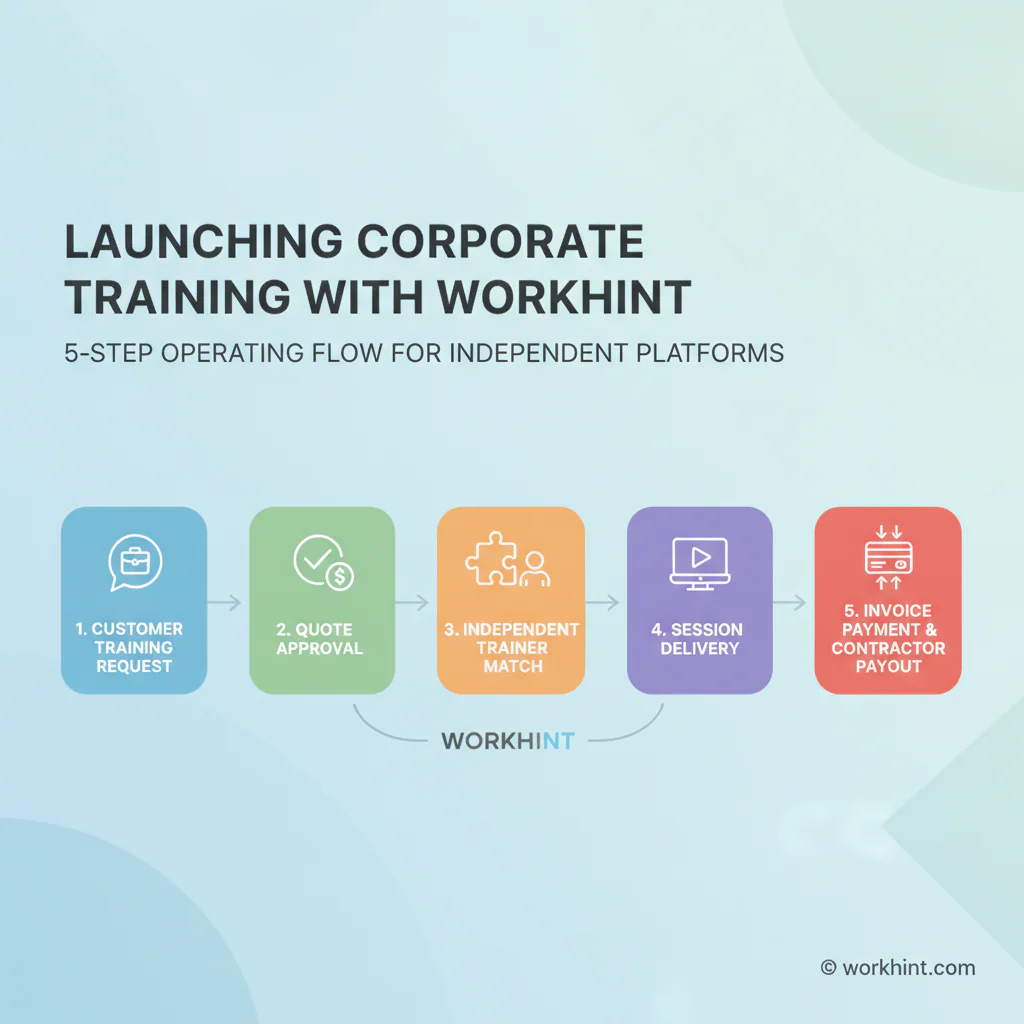 Five-step corporate training business operating workflow from customer request to trainer payout