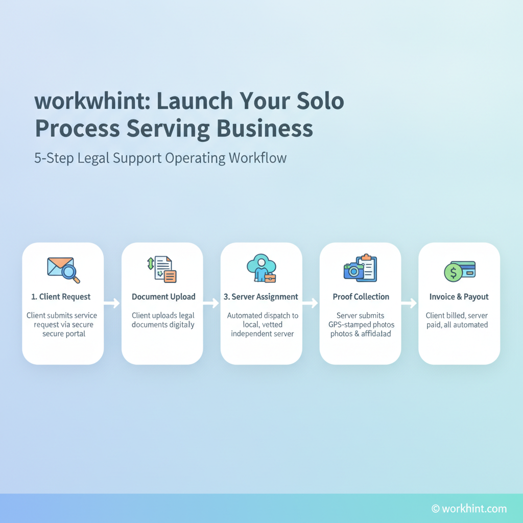 Five-step process serving business workflow from client request to server payout