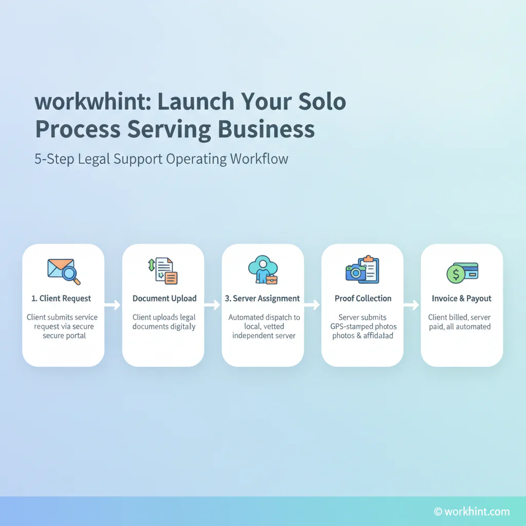 Five-step process serving business workflow from client request to server payout