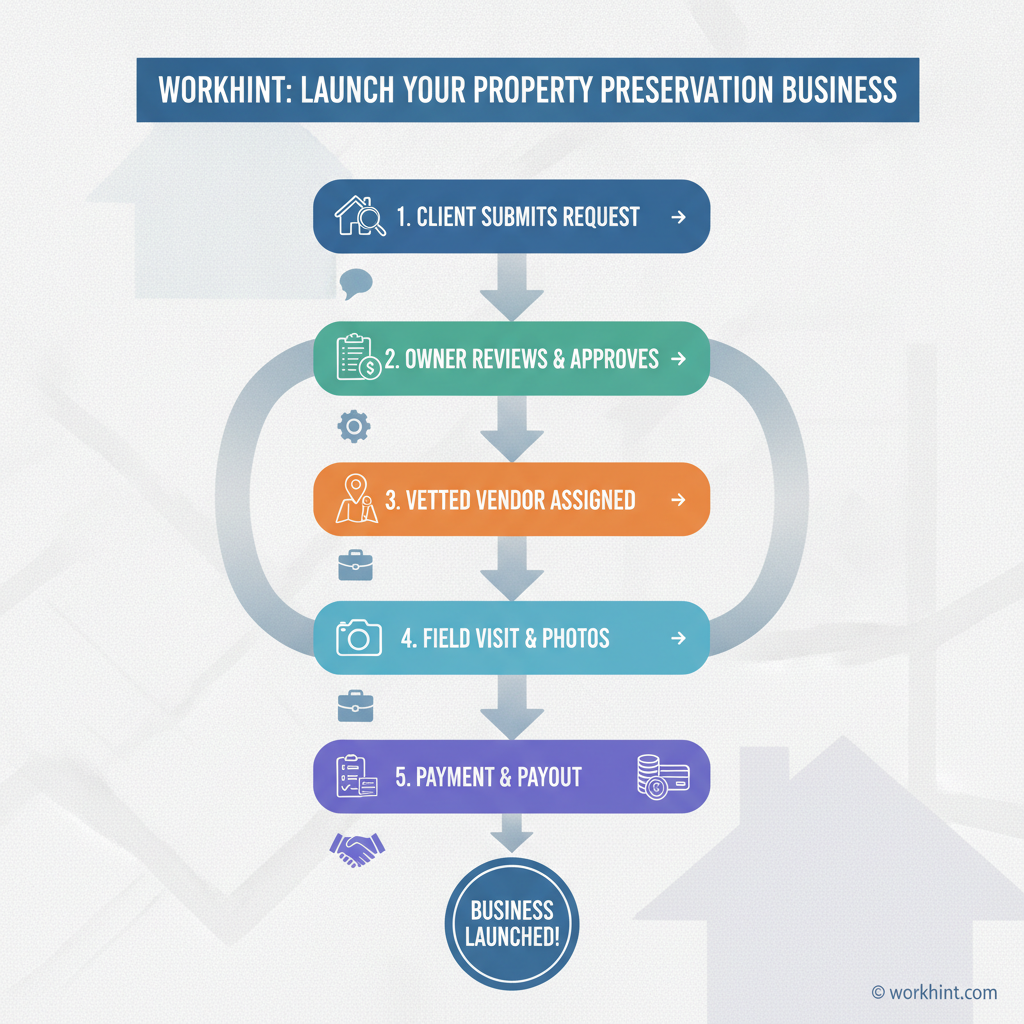 Property preservation operating workflow from client request to vendor payout