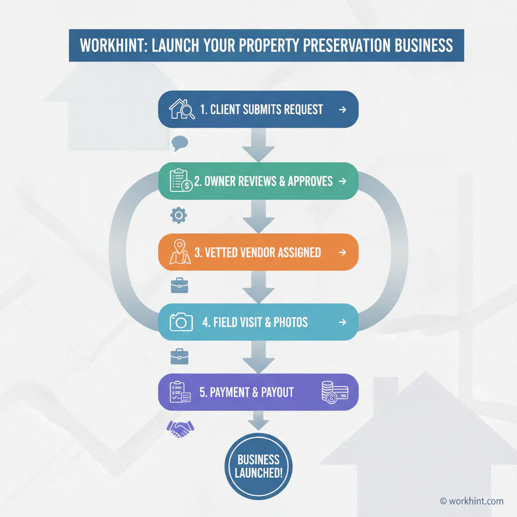 Property preservation operating workflow from client request to vendor payout