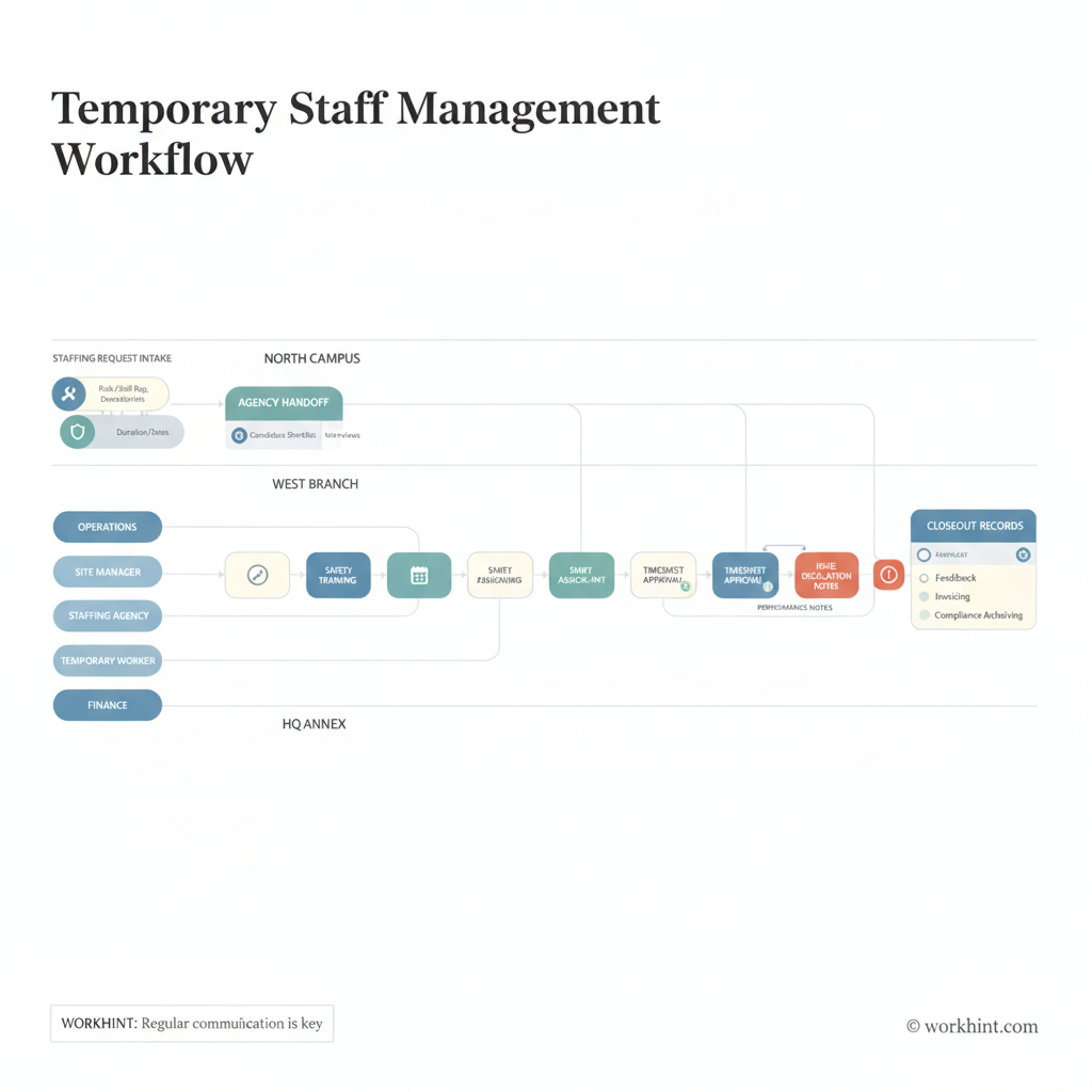 Temporary staff management workflow across locations, shifts, approvals, and closeout