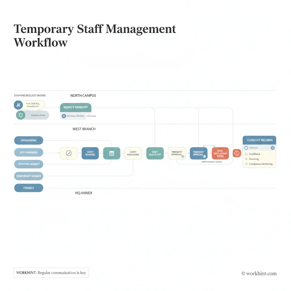 Temporary staff management workflow across locations, shifts, approvals, and closeout