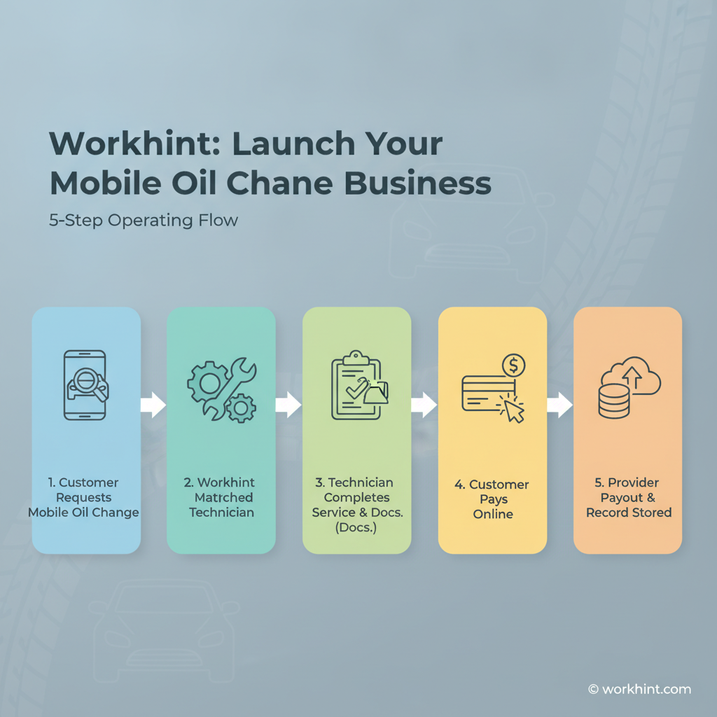 Five-step mobile oil change platform workflow from customer request to provider payout